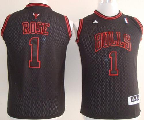 Youth Chicago Bulls #1 Derrick Rose Black With Red No. Stitched NBA Jersey