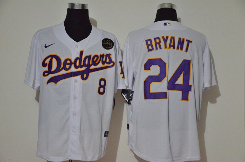 Los Angeles Dodgers #8 #24 Kobe Bryant Men's Nike White Purple No. Cool Base 2020 KB Patch MLB Jersey