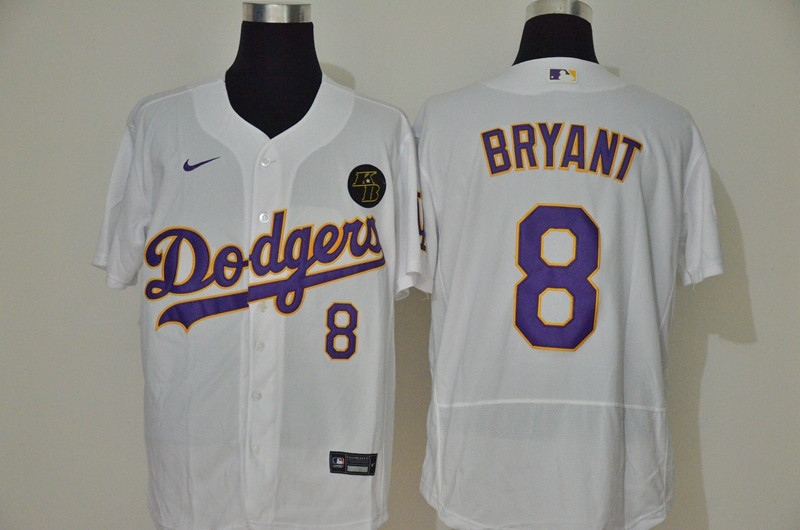 Los Angeles Dodgers #8 Kobe Bryant Men's Nike White Purple No. Authentic KB Patch MLB Jersey
