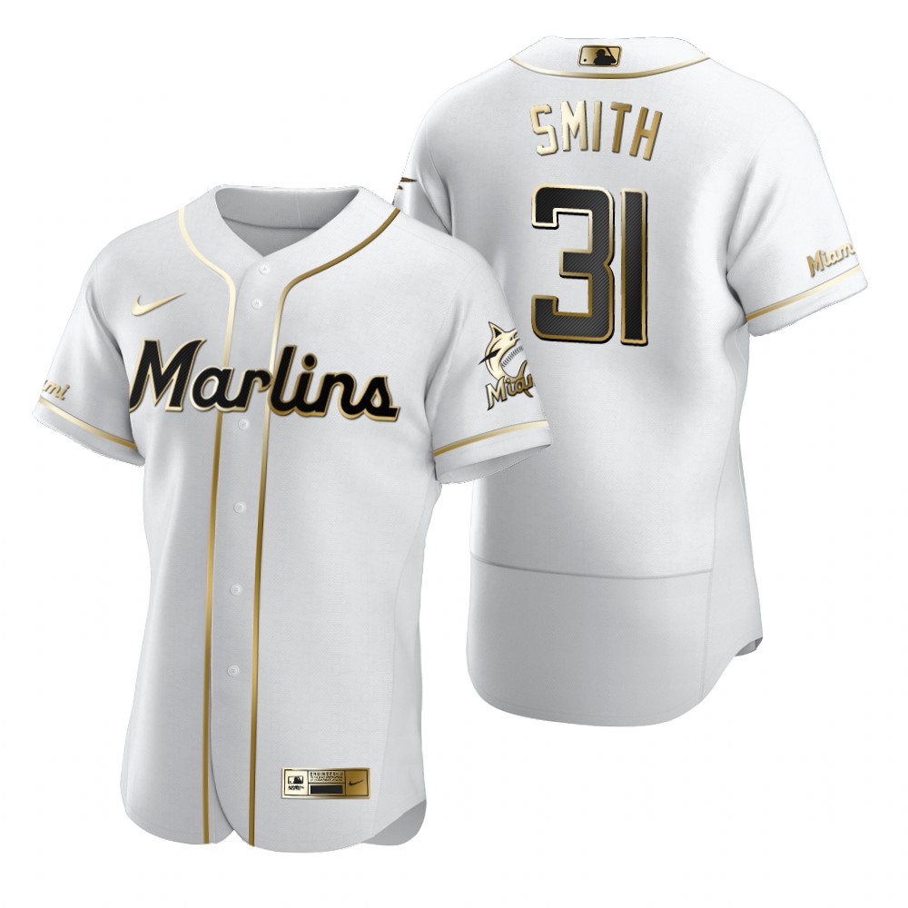 Miami Marlins #31 Caleb Smith White Nike Men's Authentic Golden Edition MLB Jersey