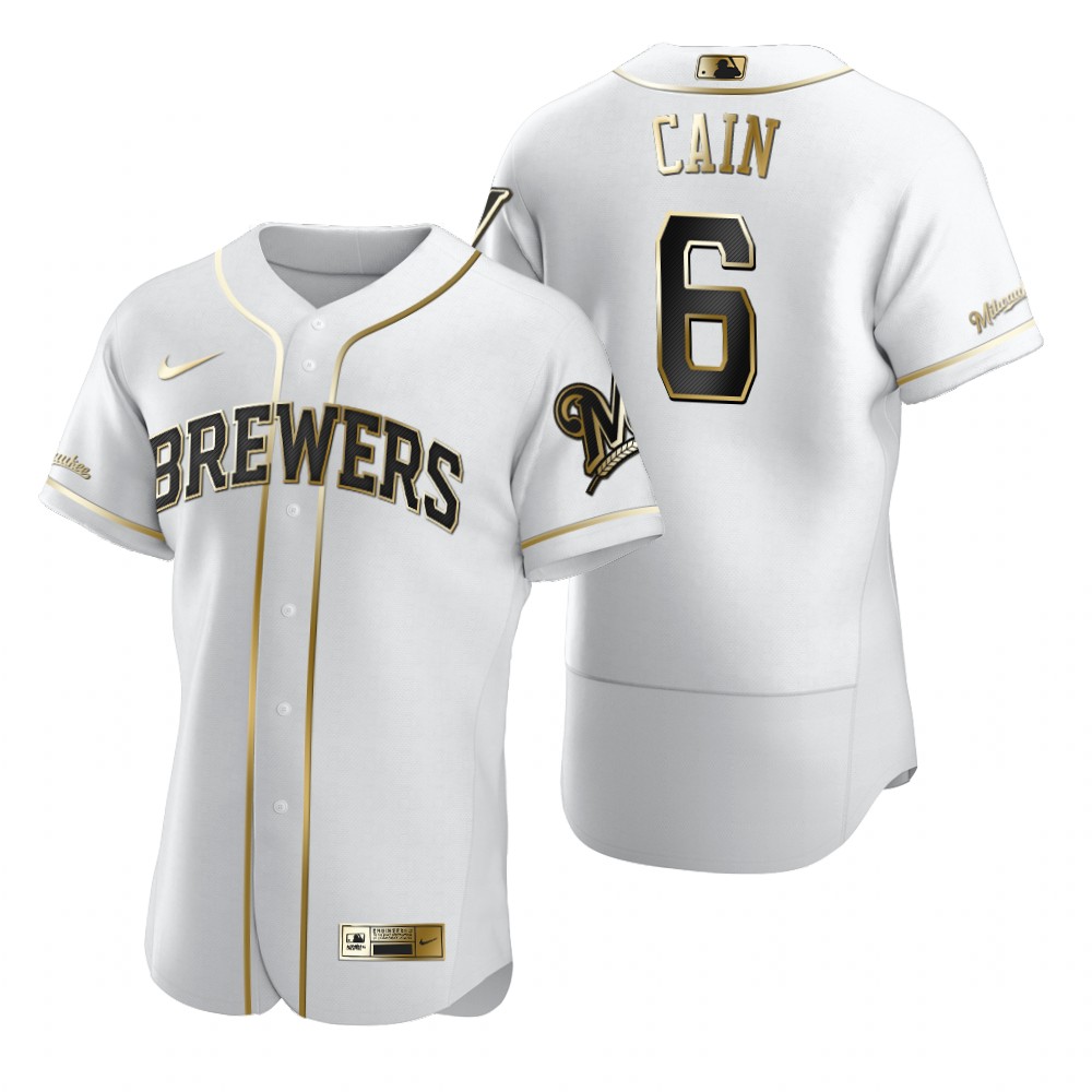 Milwaukee Brewers #6 Lorenzo Cain White Nike Men's Authentic Golden Edition MLB Jersey