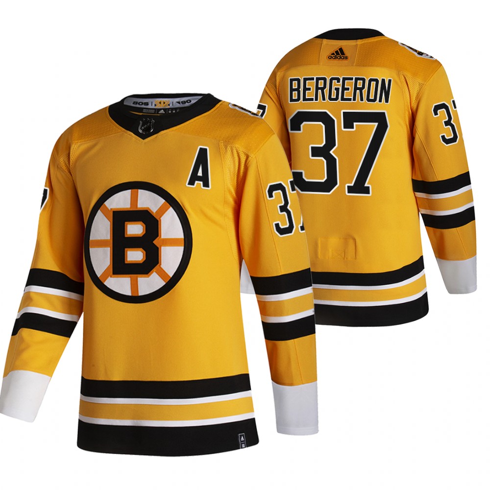 Boston Bruins #37 Patrice Bergeron Yellow Men's Adidas 2020-21 Alternate Authentic Player NHL Jersey