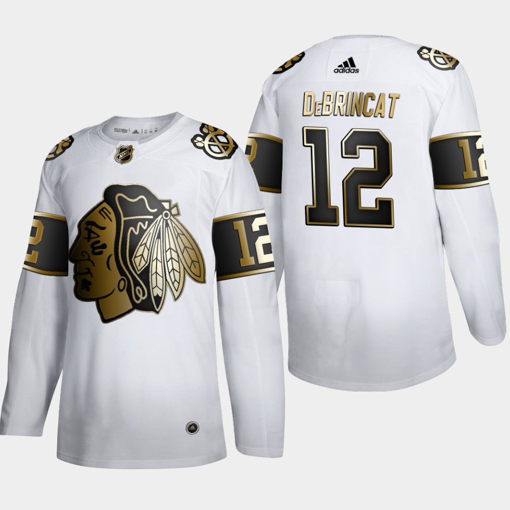 Chicago Blackhawks #12 Alex DeBrincat Men's Adidas White Golden Edition Limited Stitched NHL Jersey