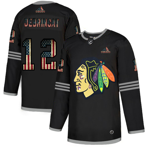 Chicago Blackhawks #12 Alex DeBrincat Adidas Men's Black USA Flag Limited NHL Jersey