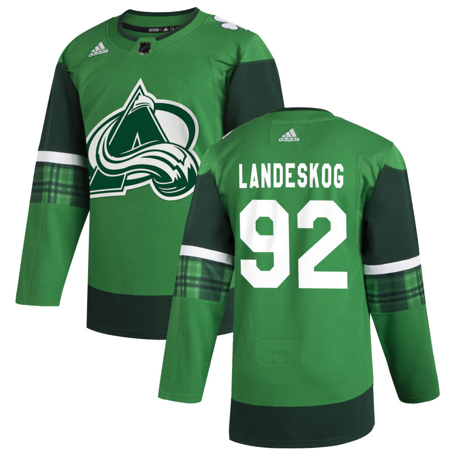 Colorado Avalanche #92 Gabriel Landeskog Men's Adidas 2020 St. Patrick's Day Stitched NHL Jersey Green