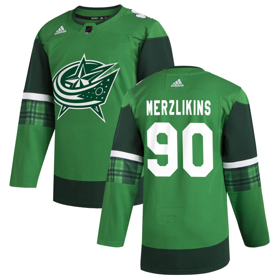 Columbus Blue Jackets #90 Elvis Merzlikins Men's Adidas 2020 St. Patrick's Day Stitched NHL Jersey Green