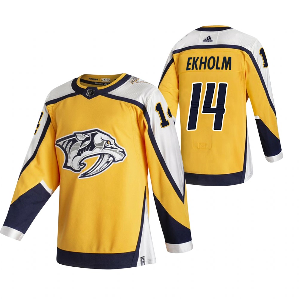 Nashville Predators #14 Mattias Ekholm Yellow Men's Adidas 2020-21 Reverse Retro Alternate NHL Jersey