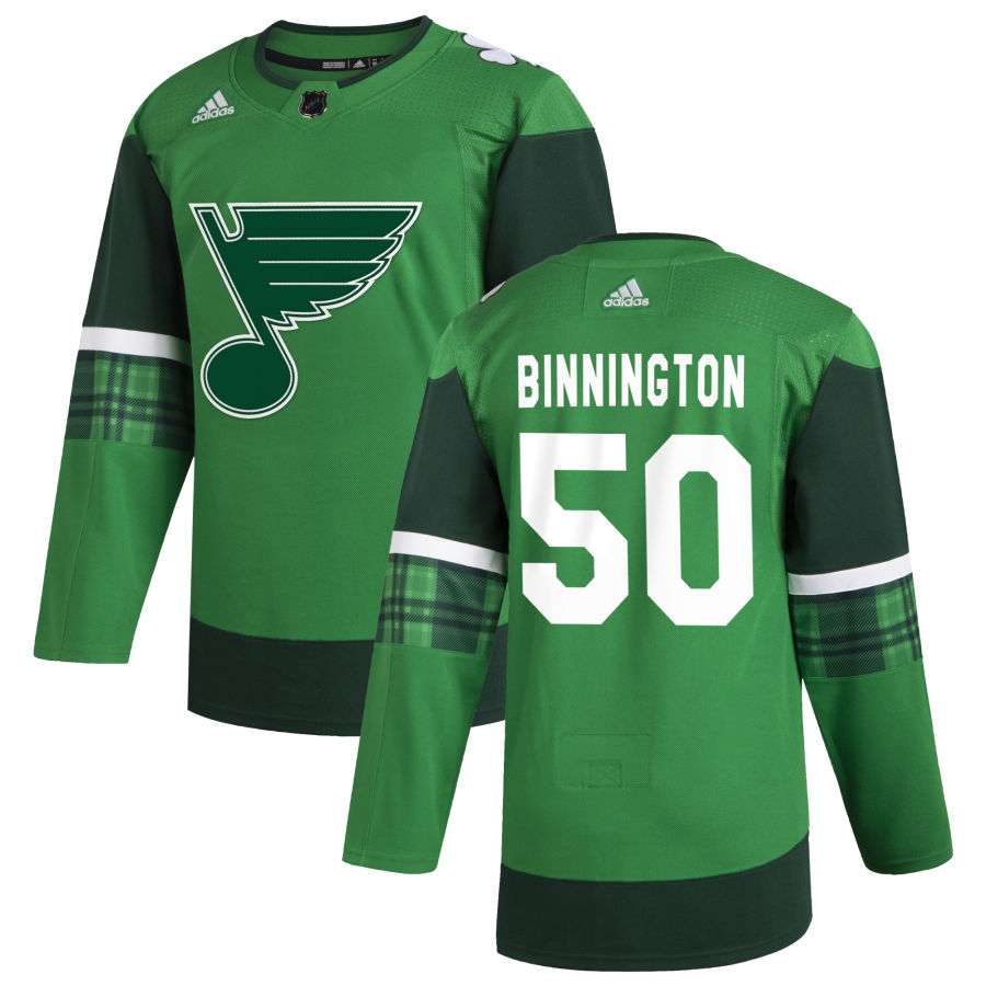 St. Louis Blues #50 Jordan Binnington Men's Adidas 2020 St. Patrick's Day Stitched NHL Jersey Green