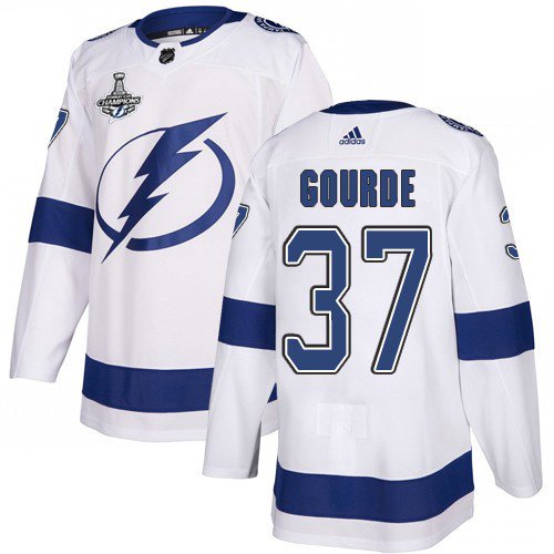 Adidas Lightning #37 Yanni Gourde White Road Authentic 2020 Stanley Cup Champions Stitched NHL Jersey