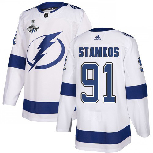 Adidas Lightning #91 Steven Stamkos White Road Authentic 2020 Stanley Cup Champions Stitched NHL Jersey