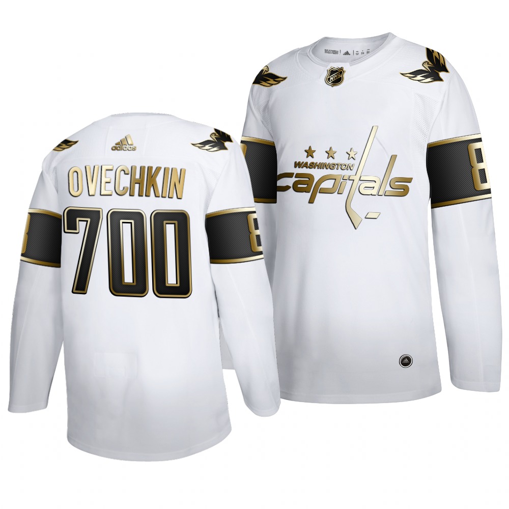 Washington Capitals #8 Alexander Ovechkin Men's Adidas 700 Goals Career White Golden Editon Limited Stitched NHL Jersey