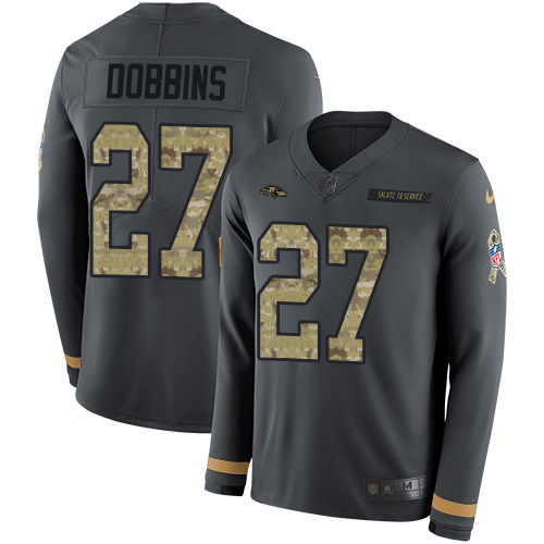 Nike Ravens #27 J.K. Dobbins Anthracite Salute to Service Men's Stitched NFL Limited Therma Long Sleeve Jersey