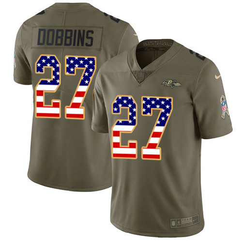 Nike Ravens #27 J.K. Dobbins Olive/USA Flag Men's Stitched NFL Limited 2017 Salute To Service Jersey