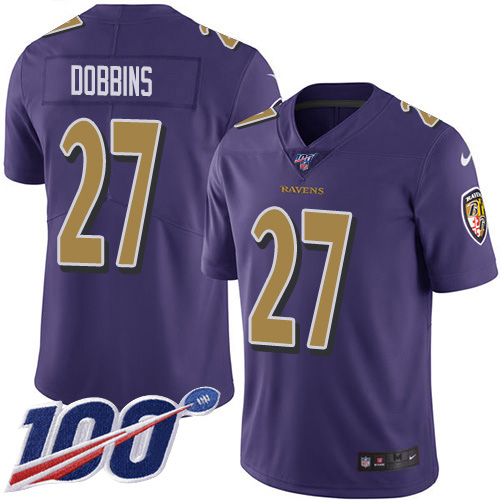 Nike Ravens #27 J.K. Dobbins Purple Men's Stitched NFL Limited Rush 100th Season Jersey
