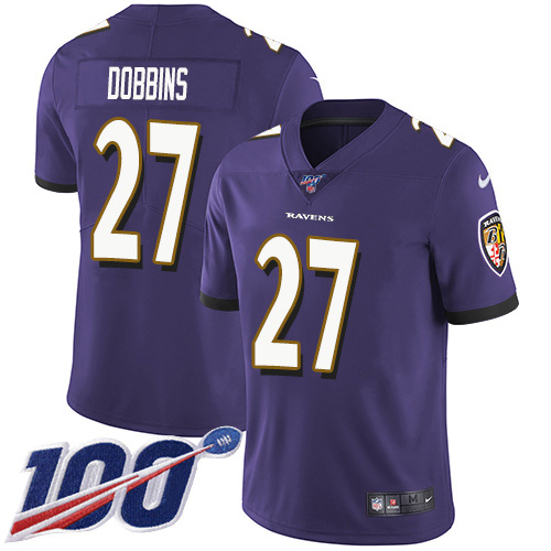 Nike Ravens #27 J.K. Dobbins Purple Team Color Men's Stitched NFL 100th Season Vapor Untouchable Limited Jersey