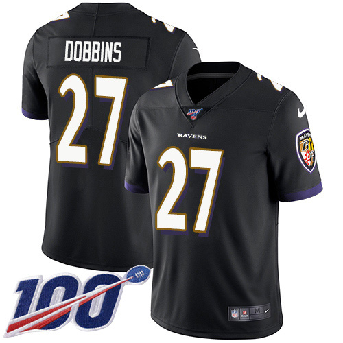 Nike Ravens #27 J.K. Dobbins Black Alternate Men's Stitched NFL 100th Season Vapor Untouchable Limited Jersey