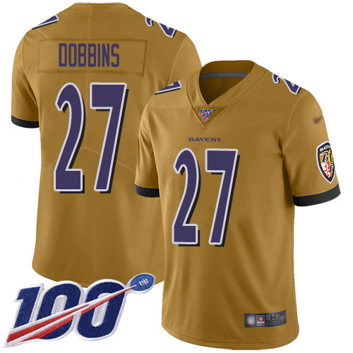 Nike Ravens #27 J.K. Dobbins Gold Men's Stitched NFL Limited Inverted Legend 100th Season Jersey