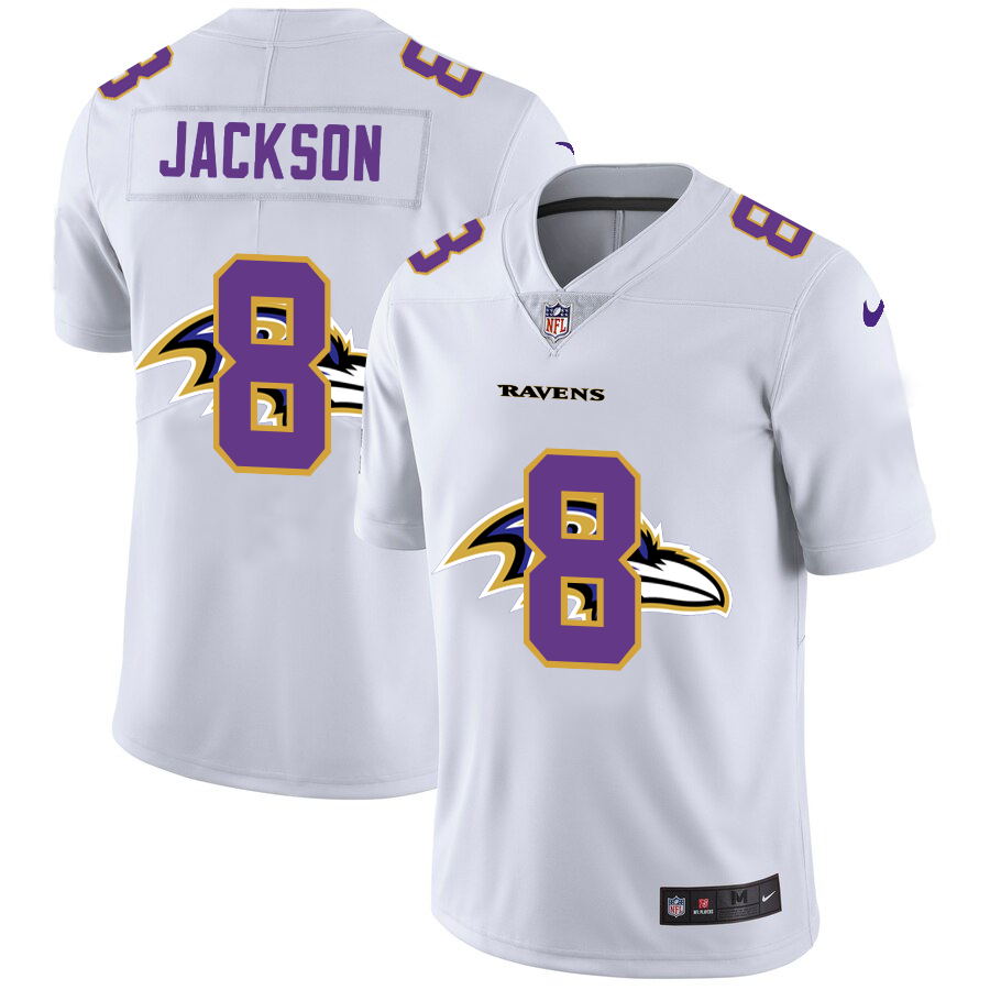 Baltimore Ravens #8 Lamar Jackson White Men's Nike Team Logo Dual Overlap Limited NFL Jersey