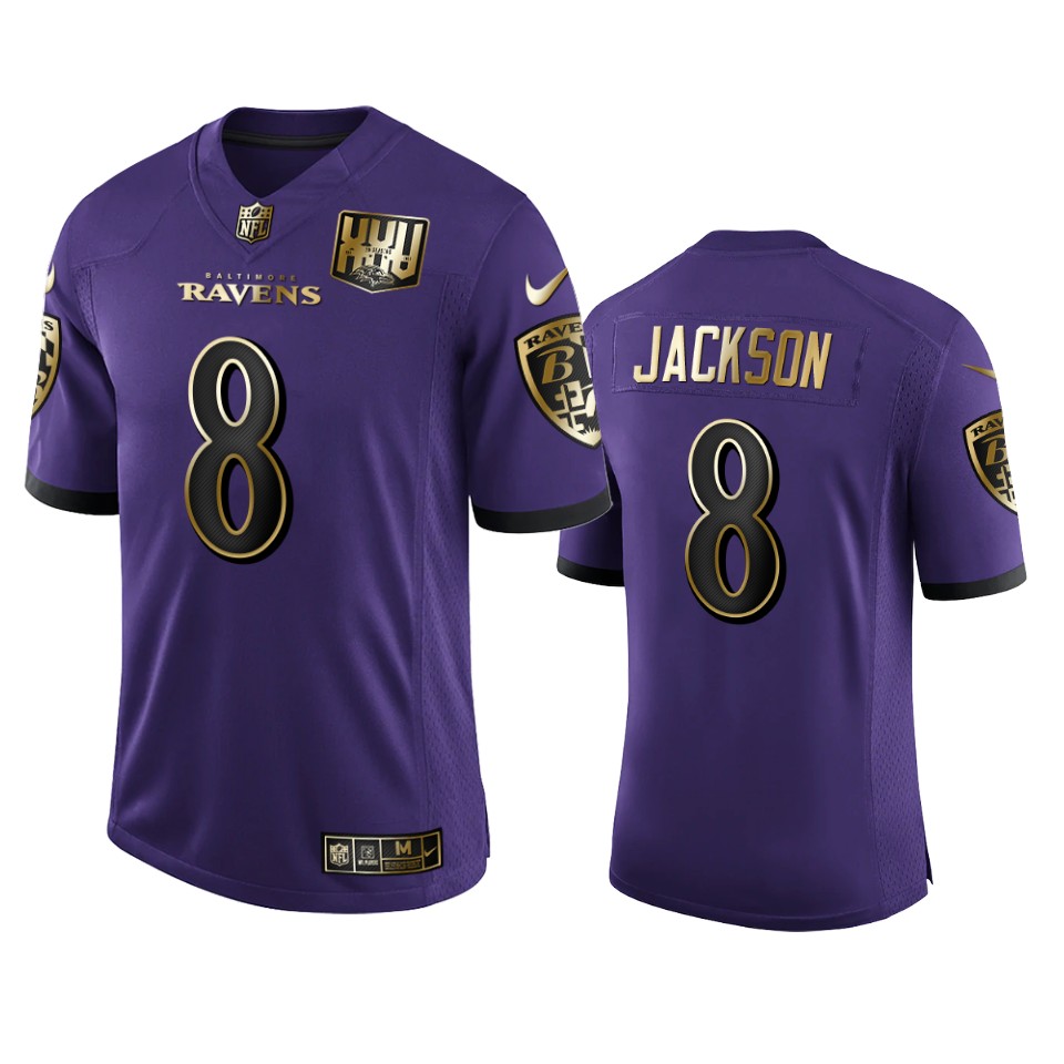 Baltimore Ravens #8 Lamar Jackson Men's Nike Purple Team 25th Season Golden Limited NFL Jersey