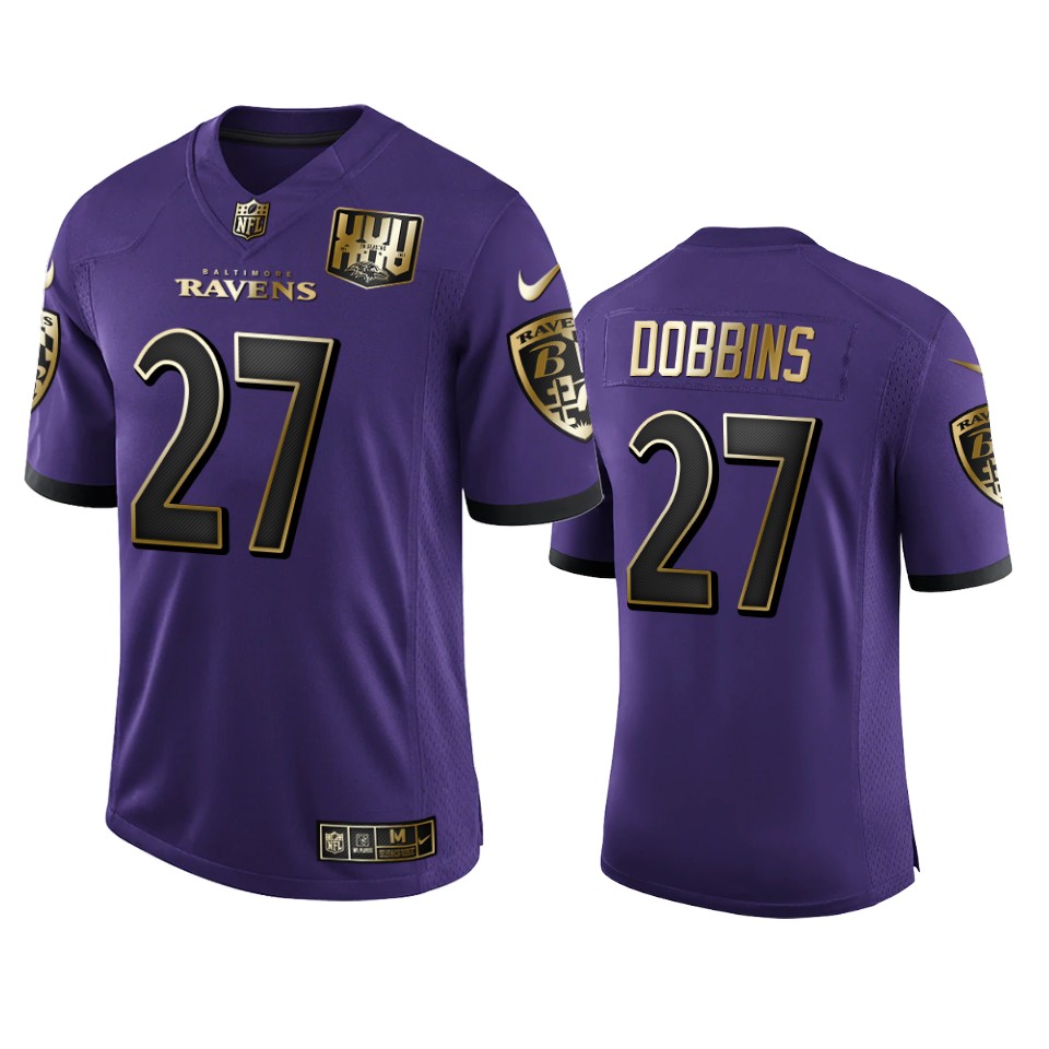 Baltimore Ravens #27 J.K. Dobbins Men's Nike Purple Team 25th Season Golden Limited NFL Jersey