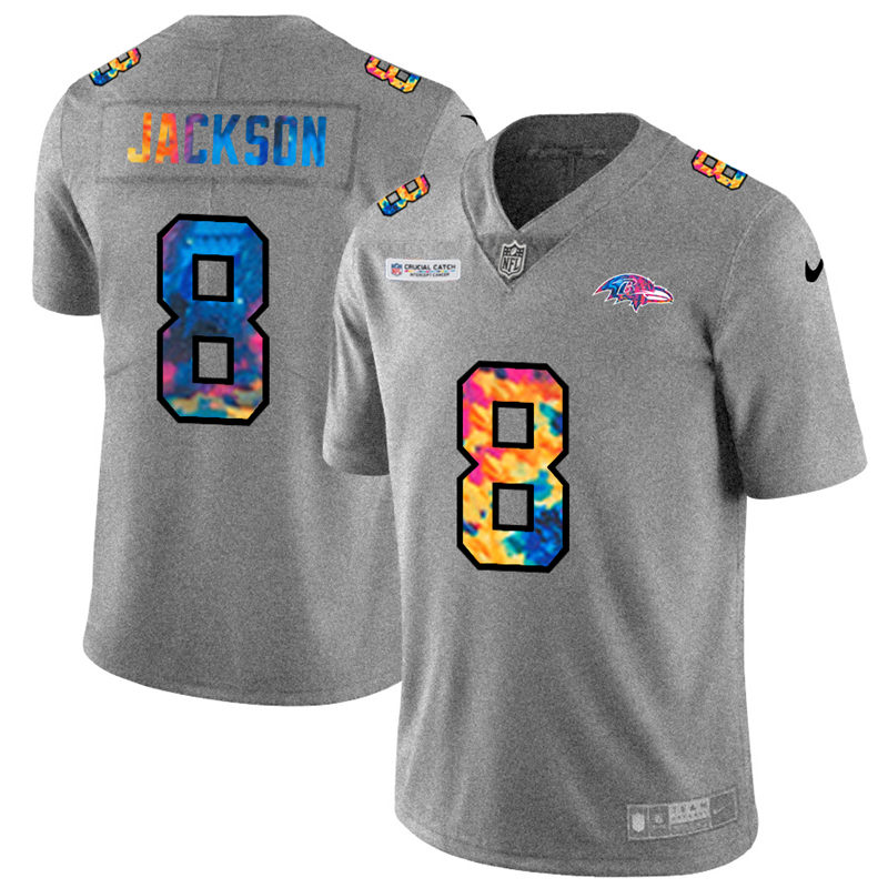 Baltimore Ravens #8 Lamar Jackson Men's Nike Multi-Color 2020 NFL Crucial Catch NFL Jersey Greyheather