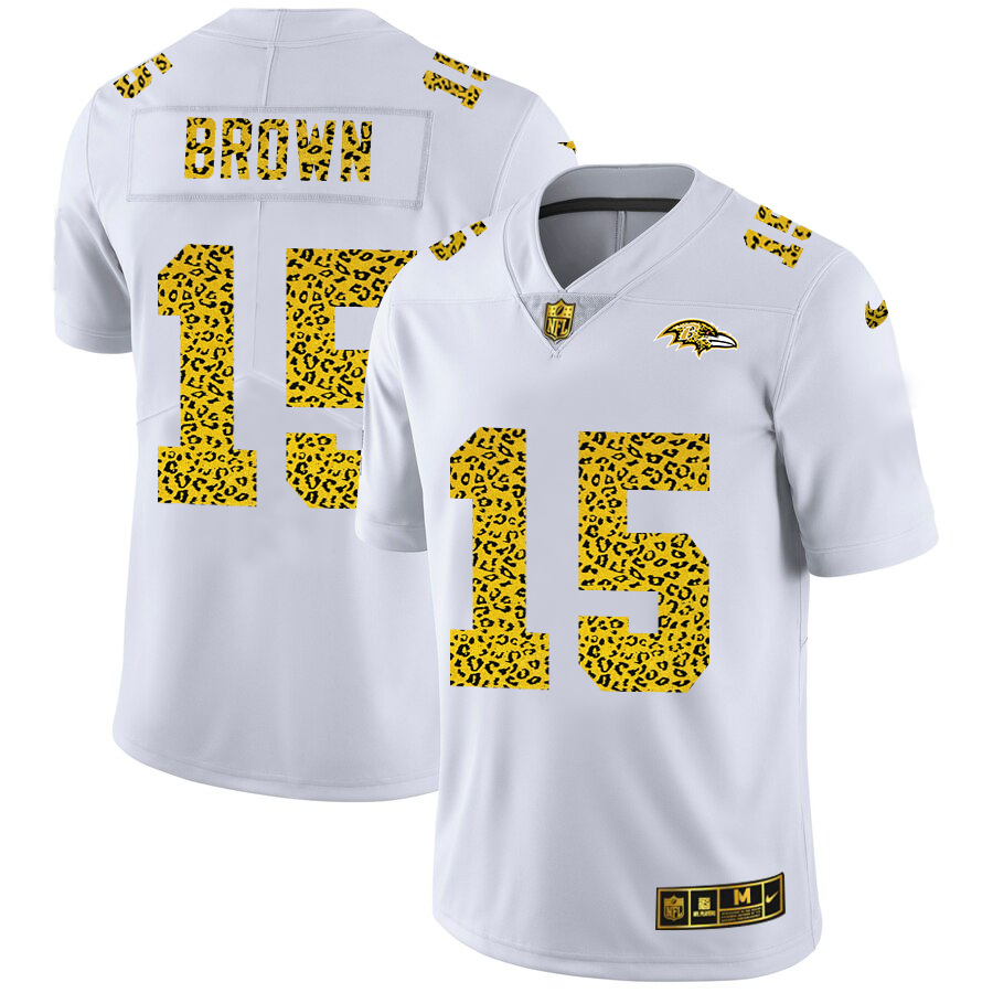 Baltimore Ravens #15 Marquise Brown Men's Nike Flocked Leopard Print Vapor Limited NFL Jersey White