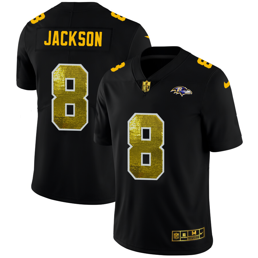 Baltimore Ravens #8 Lamar Jackson Men's Black Nike Golden Sequin Vapor Limited NFL Jersey