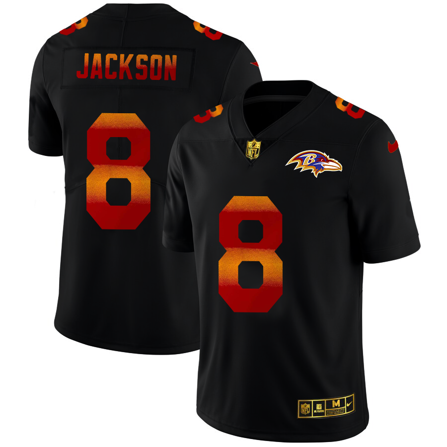 Baltimore Ravens #8 Lamar Jackson Men's Black Nike Red Orange Stripe Vapor Limited NFL Jersey