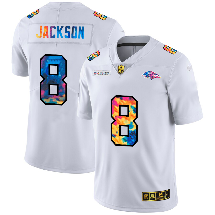 Baltimore Ravens #8 Lamar Jackson Men's White Nike Multi-Color 2020 NFL Crucial Catch Limited NFL Jersey