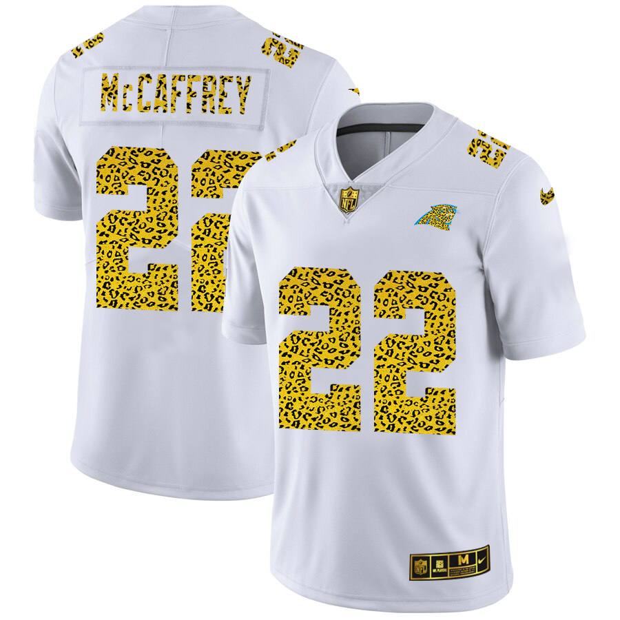 Carolina Panthers #22 Christian McCaffrey Men's Nike Flocked Leopard Print Vapor Limited NFL Jersey White