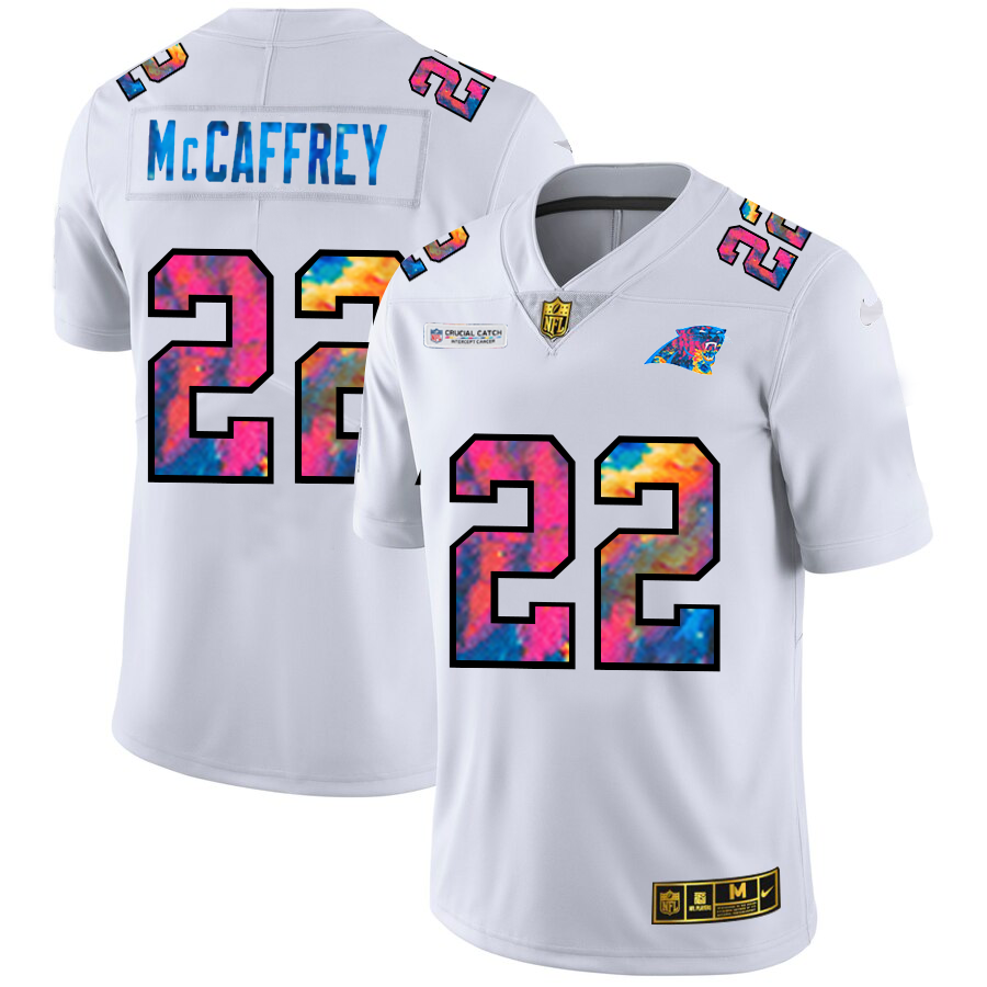 Carolina Panthers #22 Christian McCaffrey Men's White Nike Multi-Color 2020 NFL Crucial Catch Limited NFL Jersey