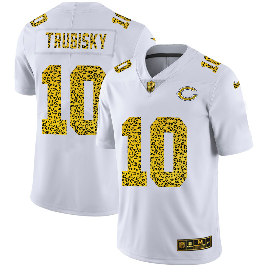 Chicago Bears #10 Mitchell Trubisky Men's Nike Flocked Leopard Print Vapor Limited NFL Jersey White