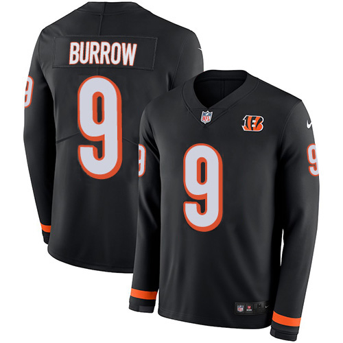 Nike Bengals #9 Joe Burrow Black Team Color Men's Stitched NFL Limited Therma Long Sleeve Jersey