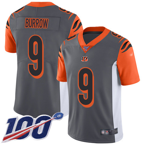 Nike Bengals #9 Joe Burrow Silver Men's Stitched NFL Limited Inverted Legend 100th Season Jersey