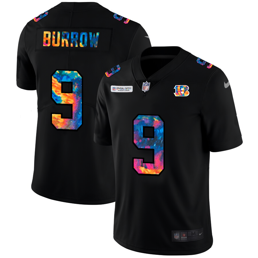 Cincinnati Bengals #9 Joe Burrow Men's Nike Multi-Color Black 2020 NFL Crucial Catch Vapor Untouchable Limited Jersey