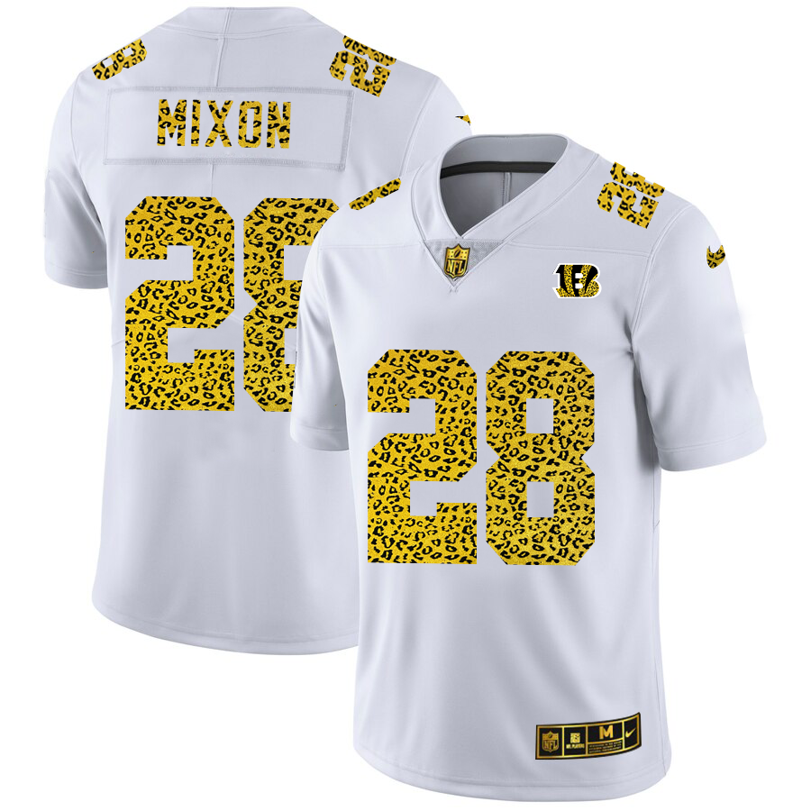Cincinnati Bengals #28 Joe Mixon Men's Nike Flocked Leopard Print Vapor Limited NFL Jersey White