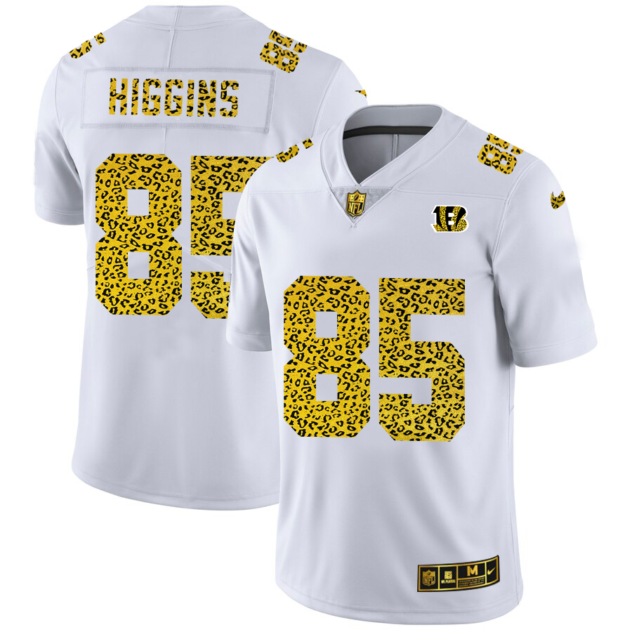 Cincinnati Bengals #85 Tee Higgins Men's Nike Flocked Leopard Print Vapor Limited NFL Jersey White