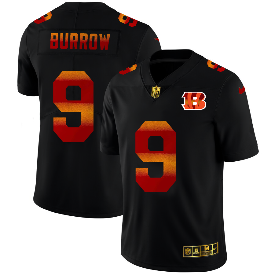Cincinnati Bengals #9 Joe Burrow Men's Black Nike Red Orange Stripe Vapor Limited NFL Jersey