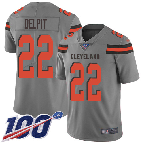 Nike Browns #22 Grant Delpit Gray Men's Stitched NFL Limited Inverted Legend 100th Season Jersey