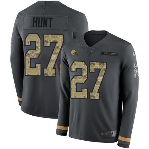 Nike Browns #27 Kareem Hunt Anthracite Salute to Service Men's Stitched NFL Limited Therma Long Sleeve Jersey