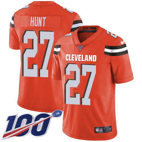 Nike Browns #27 Kareem Hunt Orange Alternate Men's Stitched NFL 100th Season Vapor Untouchable Limited Jersey