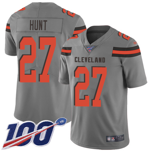 Nike Browns #27 Kareem Hunt Gray Men's Stitched NFL Limited Inverted Legend 100th Season Jersey