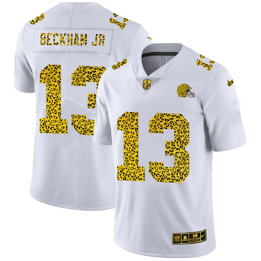 Cleveland Browns #13 Odell Beckham Jr. Men's Nike Flocked Leopard Print Vapor Limited NFL Jersey White