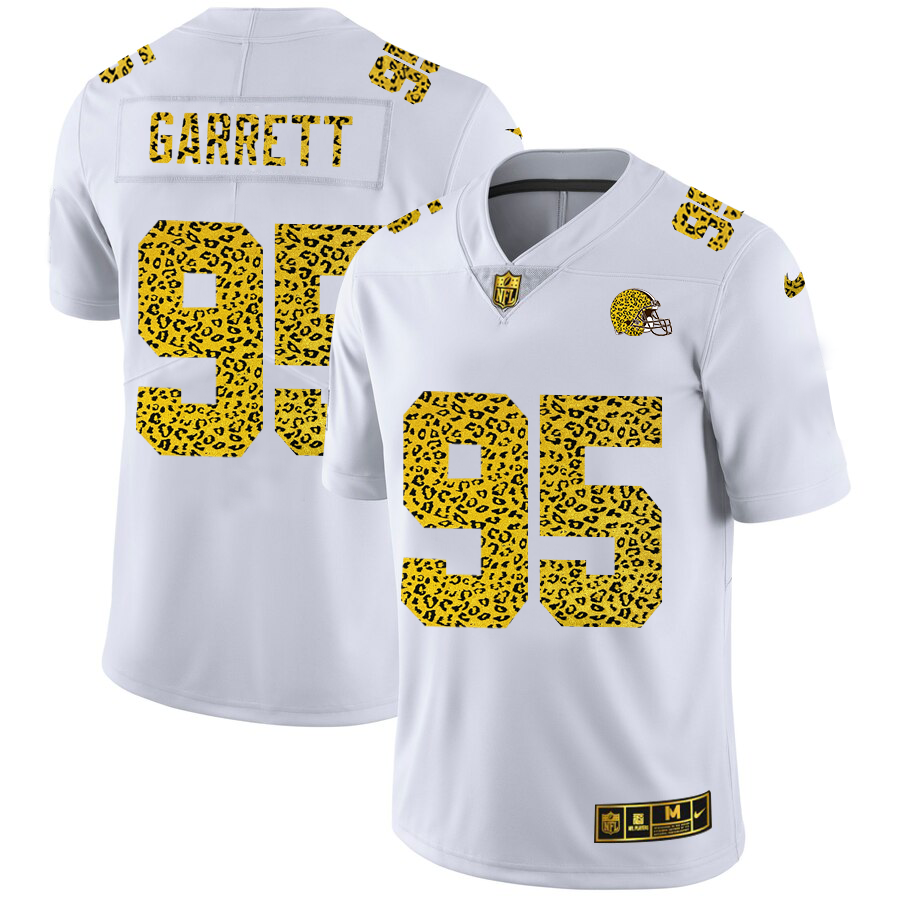Cleveland Browns #95 Myles Garrett Men's Nike Flocked Leopard Print Vapor Limited NFL Jersey White