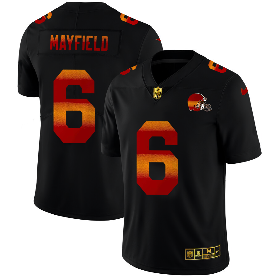 Cleveland Browns #6 Baker Mayfield Men's Black Nike Red Orange Stripe Vapor Limited NFL Jersey