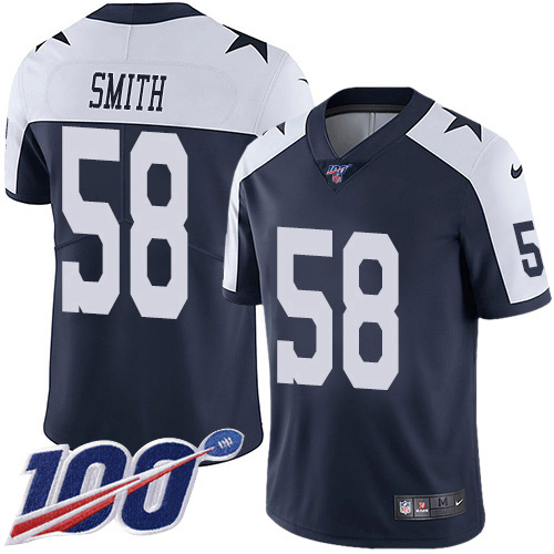 Nike Cowboys #58 Aldon Smith Navy Blue Thanksgiving Men's Stitched NFL 100th Season Vapor Throwback Limited Jersey
