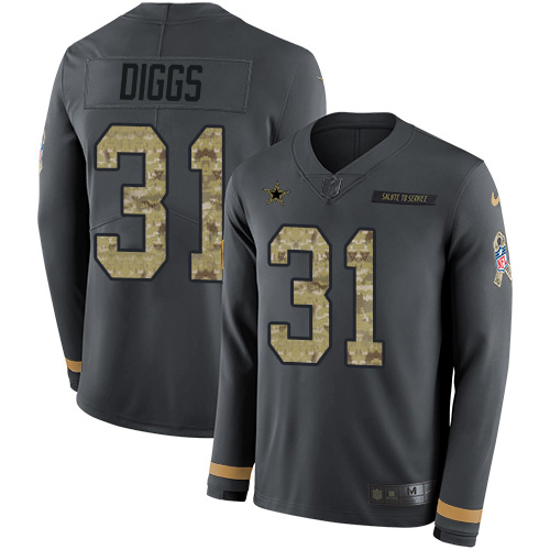 Nike Cowboys #31 Trevon Diggs Anthracite Salute to Service Men's Stitched NFL Limited Therma Long Sleeve Jersey