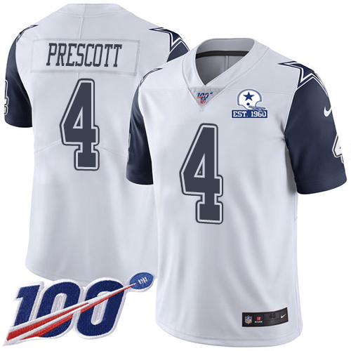 Nike Cowboys #4 Dak Prescott White Men's Stitched With Established In 1960 Patch NFL Limited Rush 100th Season Jersey