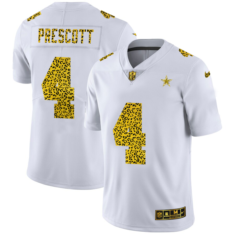 Dallas Cowboys #4 Dak Prescott Men's Nike Flocked Leopard Print Vapor Limited NFL Jersey White