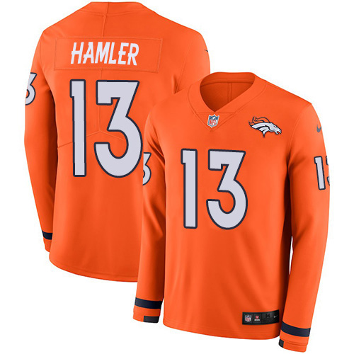 Nike Broncos #13 KJ Hamler Orange Team Color Men's Stitched NFL Limited Therma Long Sleeve Jersey